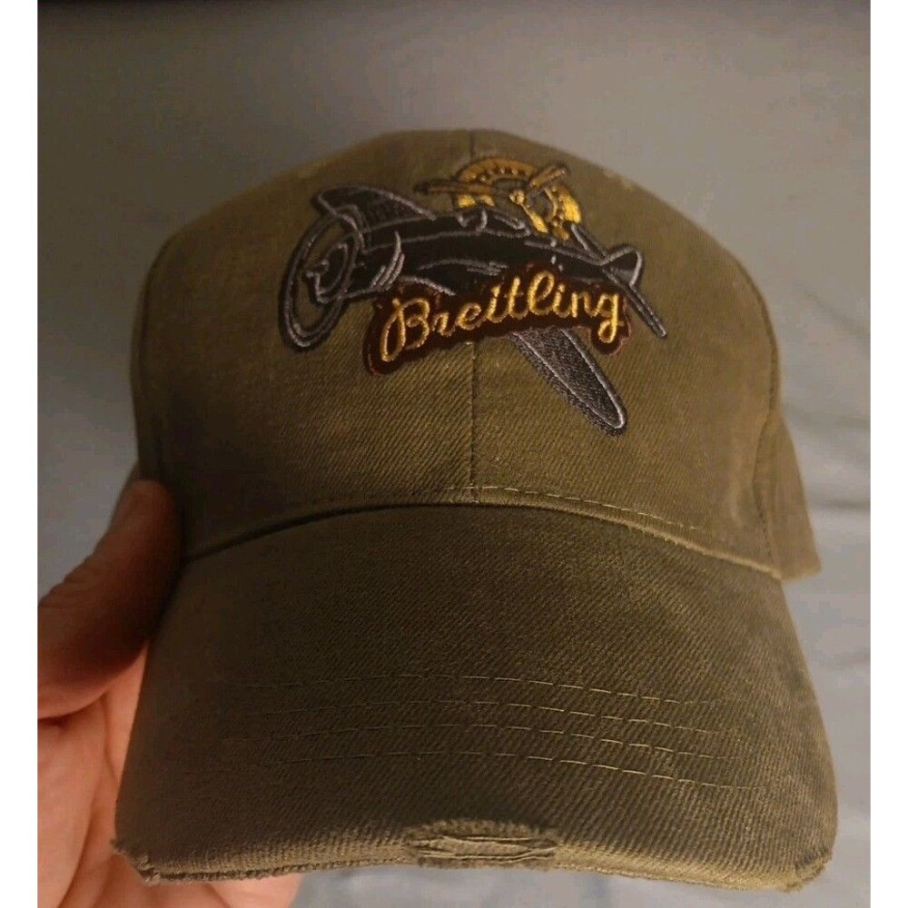 Breitling Watch Hat Cap Men Green Airplane Pilot Aviator Distressed Strap Back - Picture 3 of 11